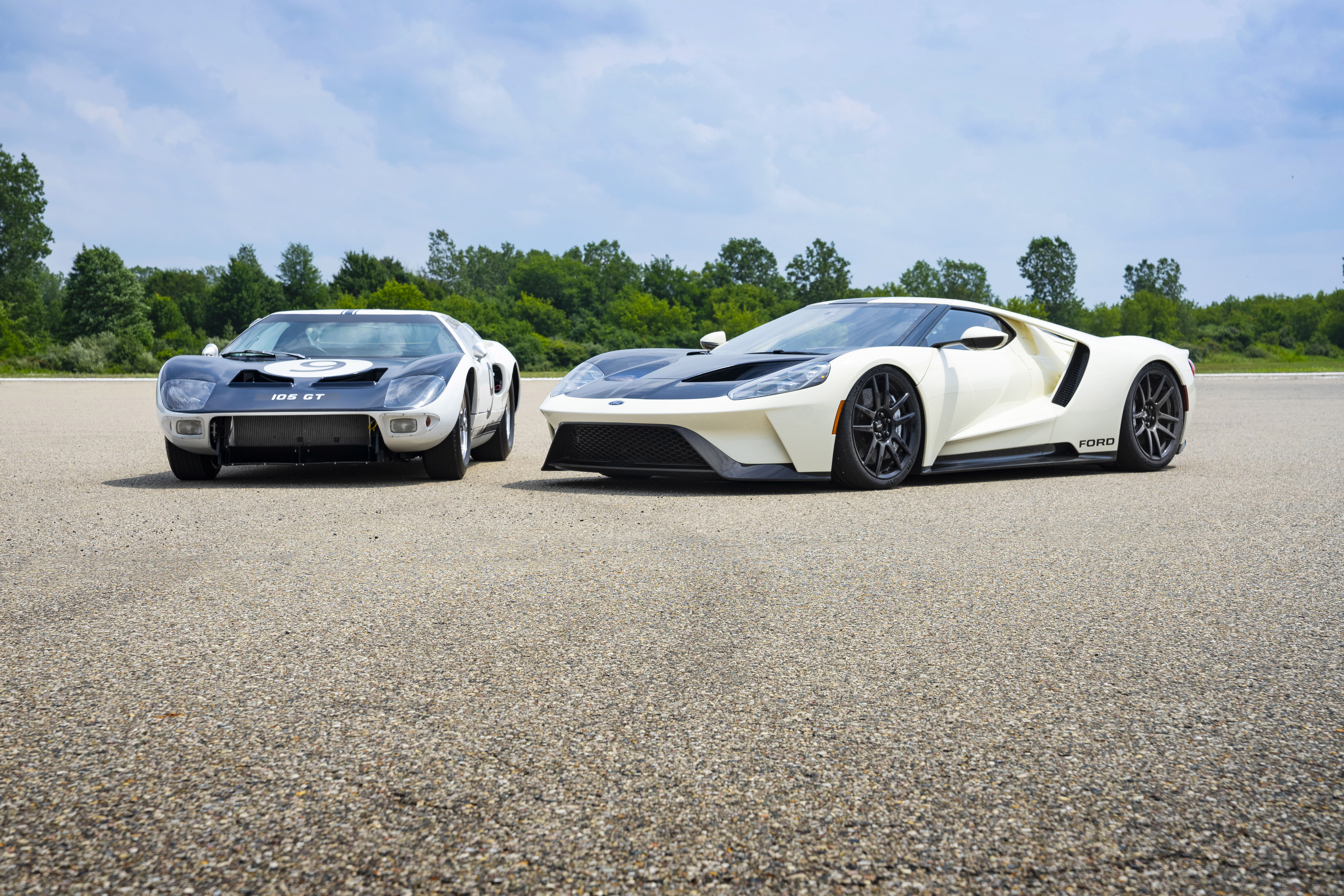 Preproduction 2022 Ford GT Heritage Edition shown.   1964 Ford GT Prototype shown. Closed course..